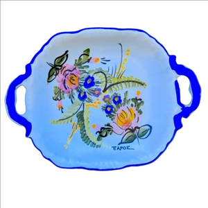 Vintage Hand Painted Floral Glazed Ceramic Mediterranean Decorative Tray Blue
